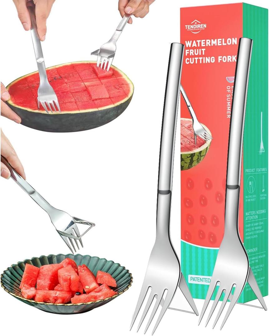 2 x Watermelon Slicer Cutter 2 Pack, 2-in-1 Watermelon Fork Slicer, Summer Watermelon Cutting Artifact, Stainless Steel Fruit Forks Slicer Knife for Family Parties Camping
