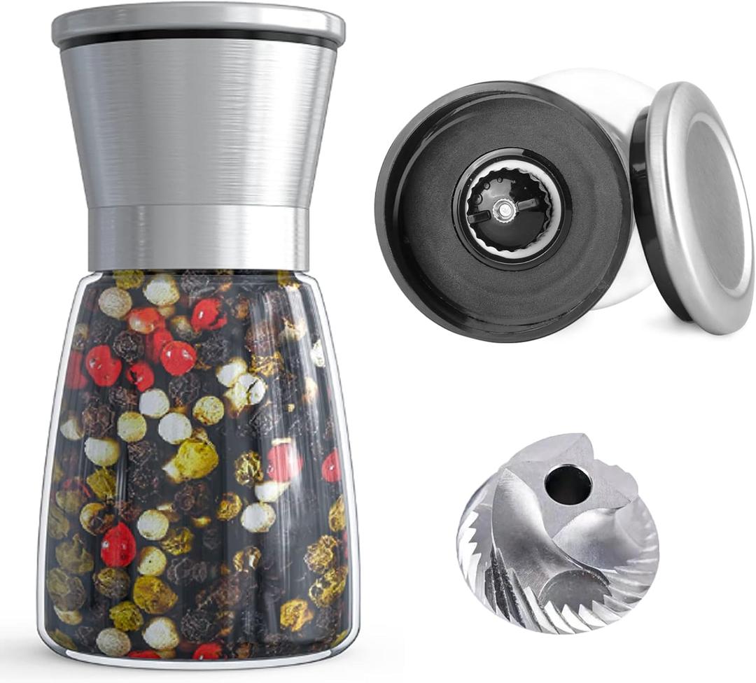Professional Pepper Grinder - with Germany Hardened Carbon Steel Mechanism Rotor, Refillable Pepper Mill 6OZ Glass Adjust Coarseness (1PCS-Sliver-304
