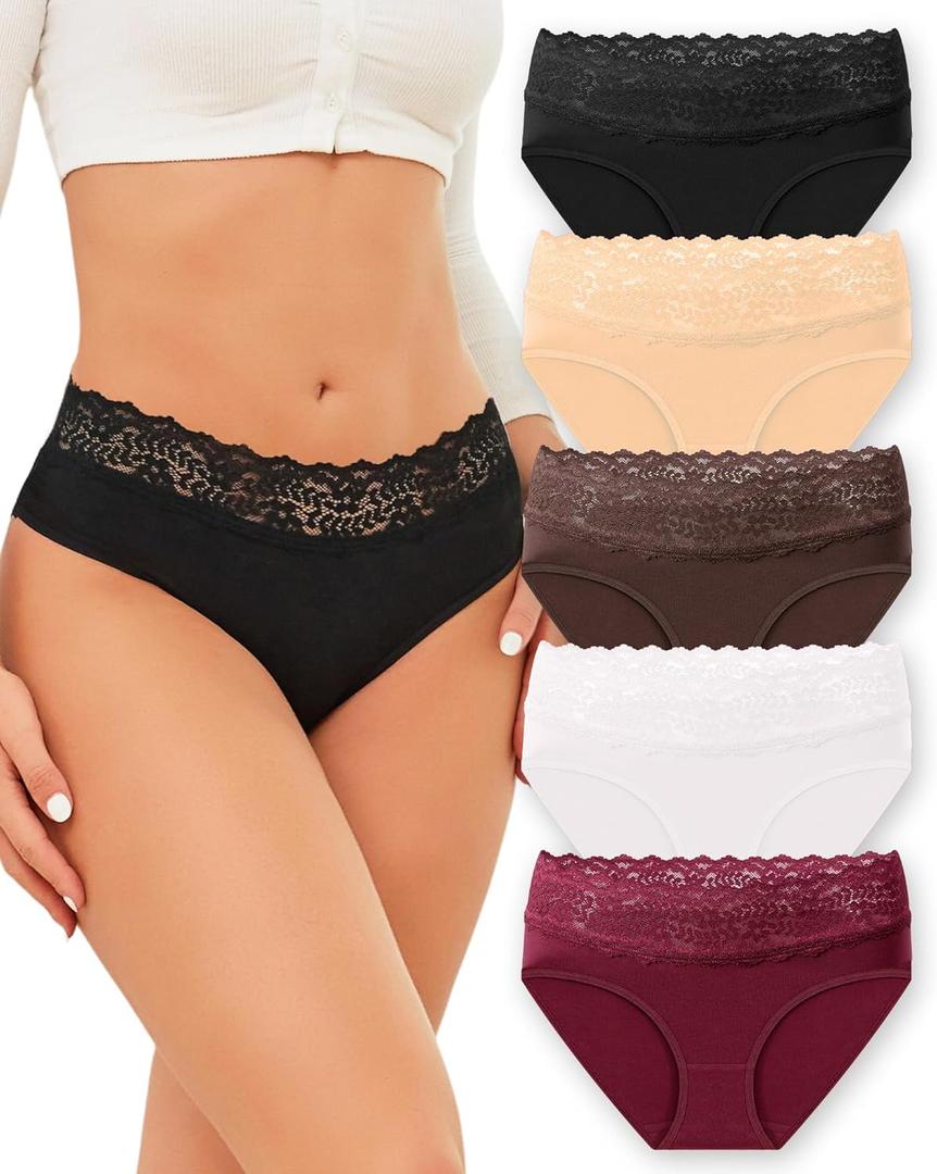 ROSYCORAL Cotton Underwear for Women Lace Trim Briefs Soft Low Rise Ladies Stretchy Hipster Bikini Panties 5 Pack (XL)