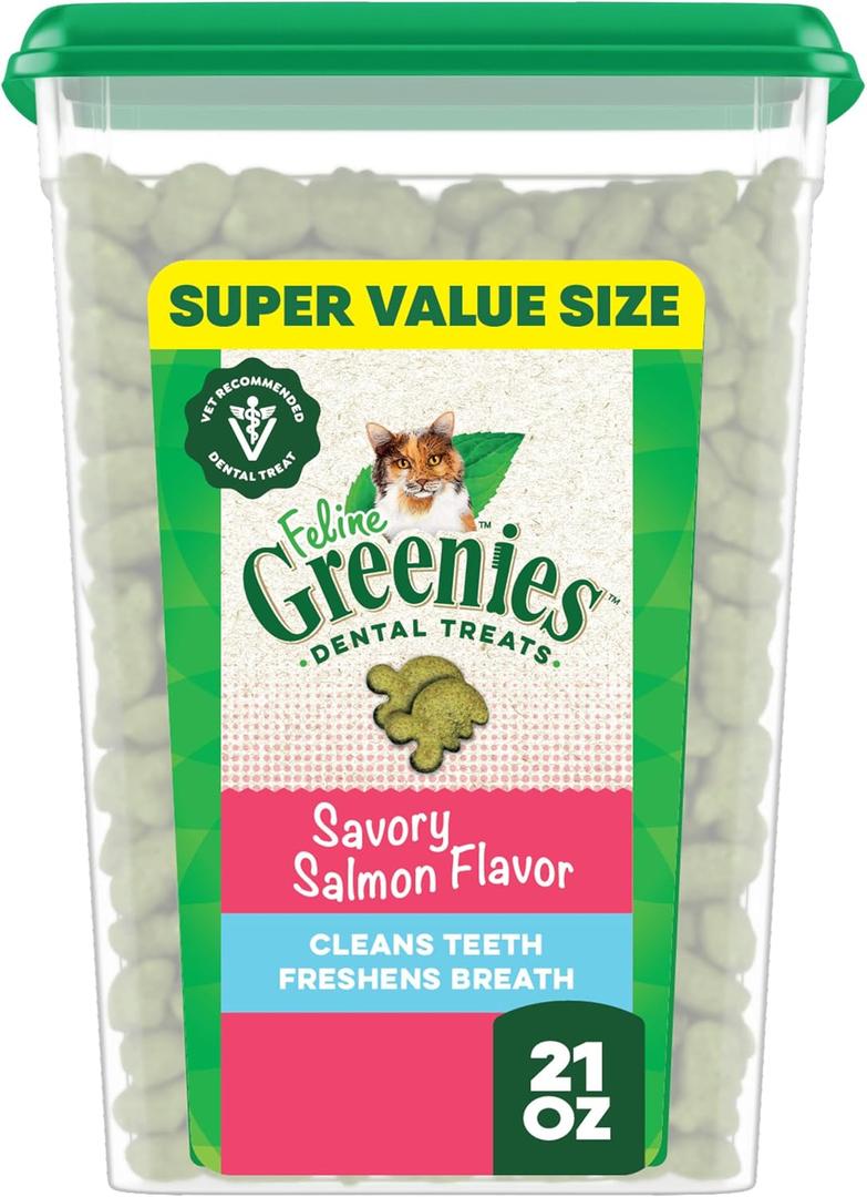Greenies Feline Veterinarian-Recommended Adult Natural Dental Cat Treats, Savory Salmon Flavor, 21 oz. Tub (1.31 Pound (Pack of 1))