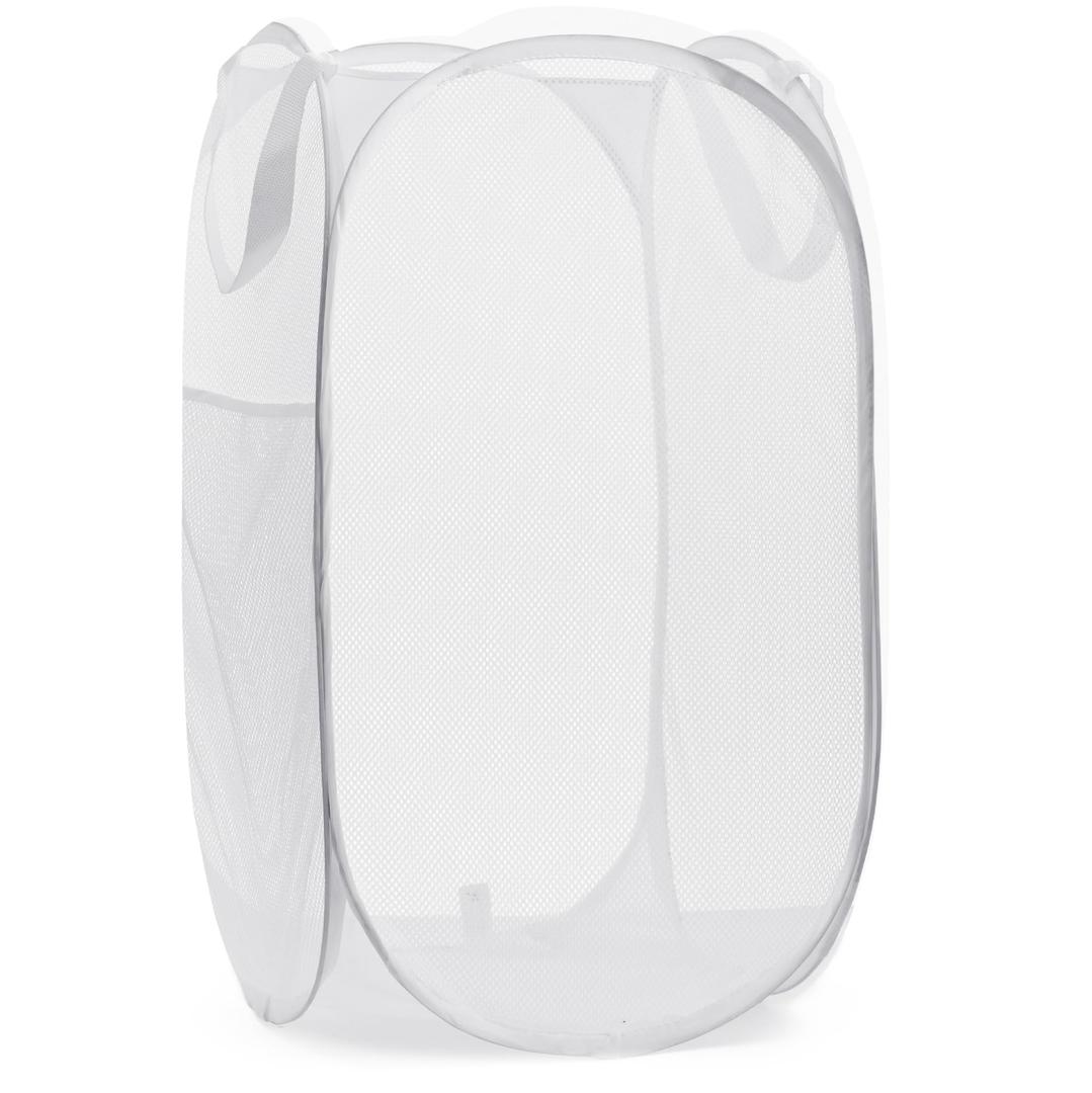 Collapsible Mesh Pop Up Hamper with Wide Opening and Side Pocket - Breathable, Sturdy, Foldable, and Space-Saving Design for Clothes and Storage (White)