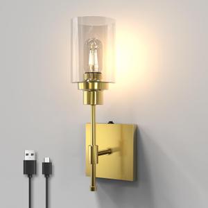 C02 Battery Operated Wall Sconce 1pc, No Wired Rechargeable Wall Lamp with Clear Glass Shade, Easy Install Cordless Wall Light Fixtures for Bathroom, Hallway, Kitchen, Mirror Brass, (Bulb Included)
