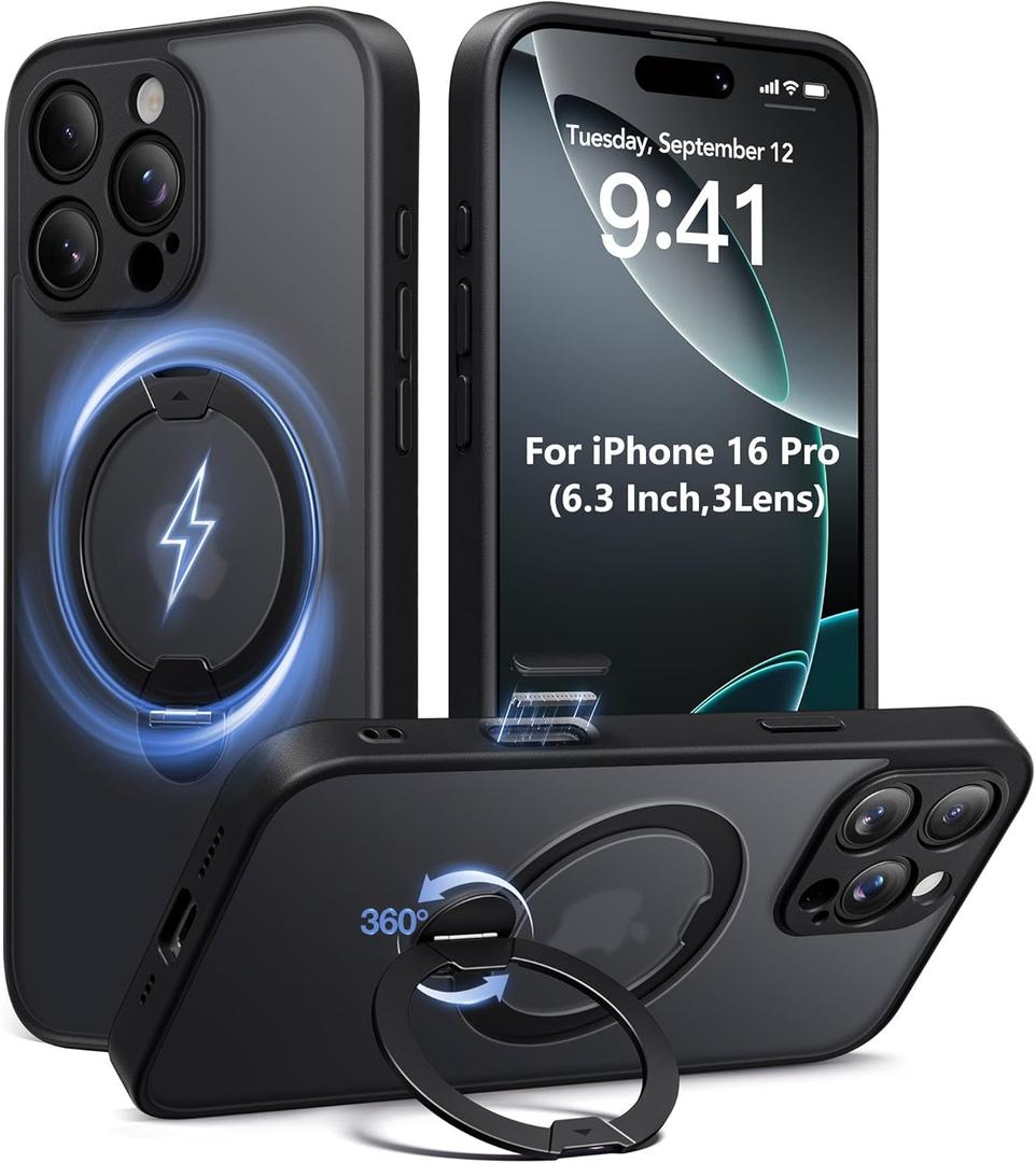 Magnetic for iPhone 16 Pro Case,[Unbreakable & Magnetic Stand][Military-Grade Protection] [Phone Case Compatible with MagSafe] Slim Translucent Matte Shockproof Phone Cover,Black