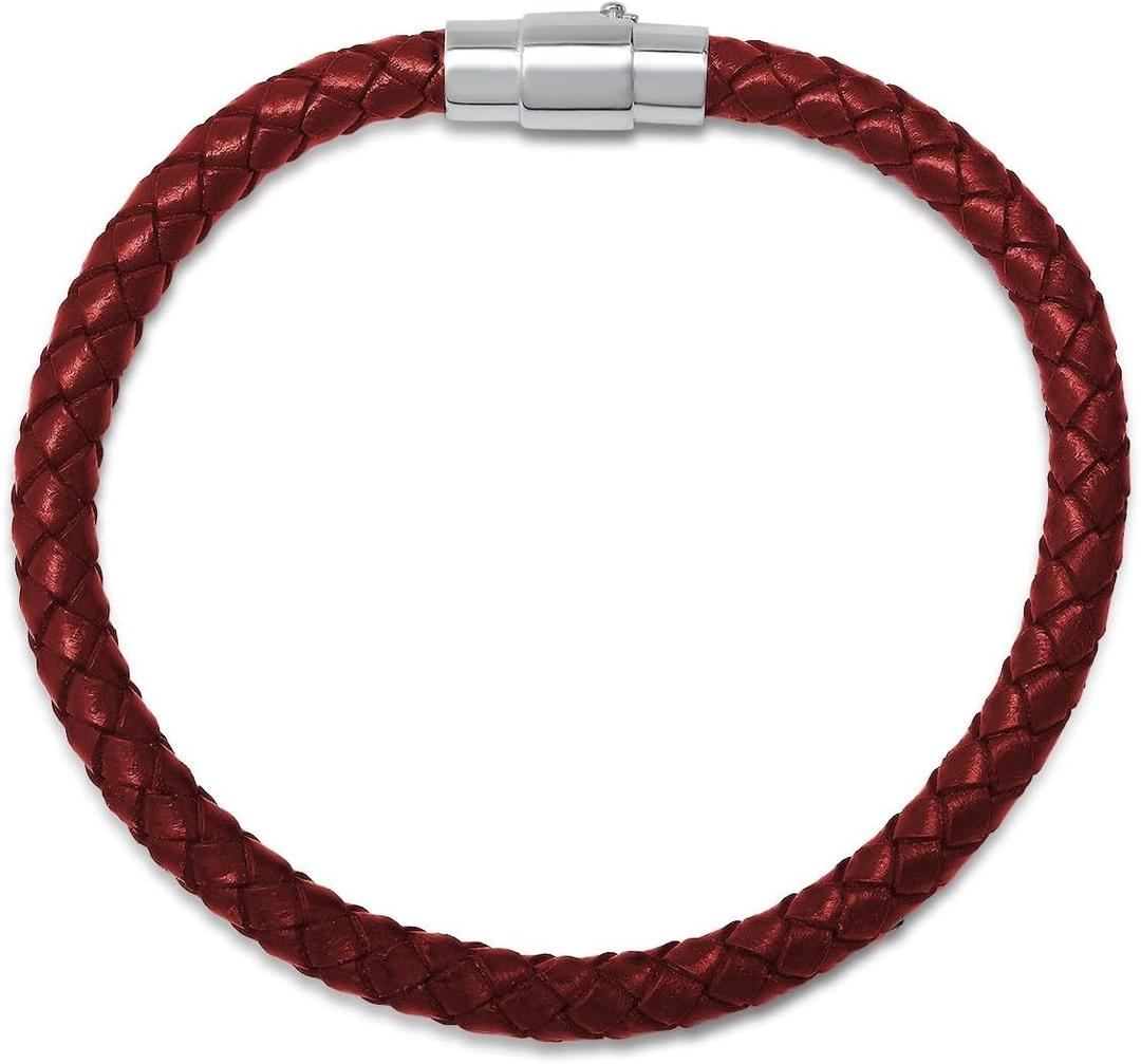 Amazon Essentials Men's Leather Sterling Silver Bracelet (Red)