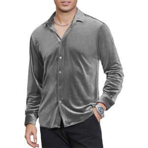 Alex Vando Mens Velvet Shirts Regular Fit Long Sleeve Soft Stretch Casual Button Down Shirt (Silver, L)