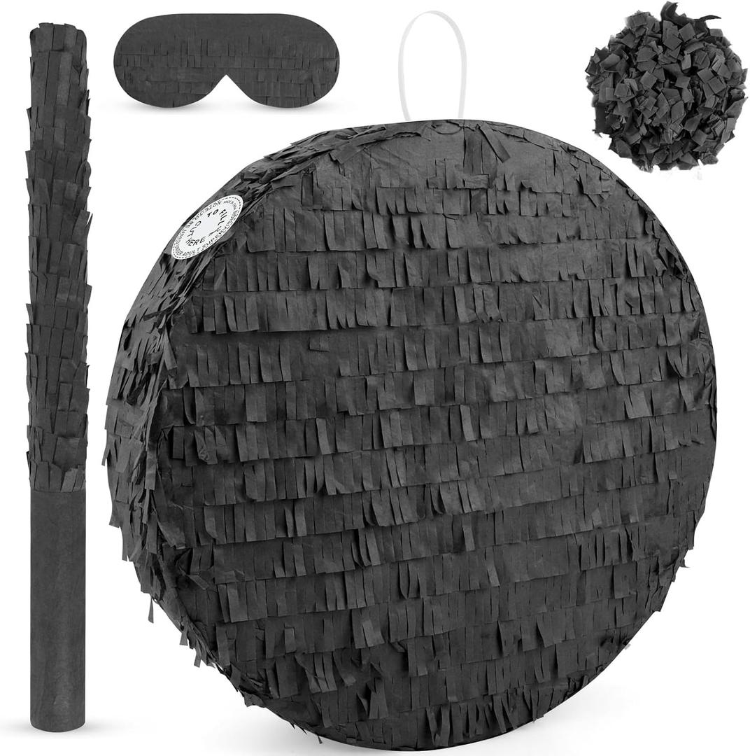 Black Round Blank Pinata Circle Folding Pinata with Bat Stick Blindfold Confetti for Kids Birthday Wedding Celebration Baby Shower Carnival Party Supplies,13 x 13 x 3.15 Inches