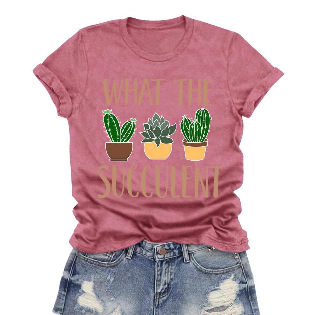 LuxLass Garden Shirts for Women Plant Lover Gardener T-Shirt What The Succulent Tee Tops Pink (Pink, XXL)