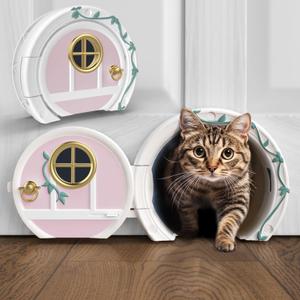 Gnome Door Cat Door for Interior Doors - Stylish & Functional with No Flap, Lockable, and Easy Installation, Spacious Large Kitty Door for Cats Up to 20 lbs, Private and Comfortable Pet Door (Pink and Gold)