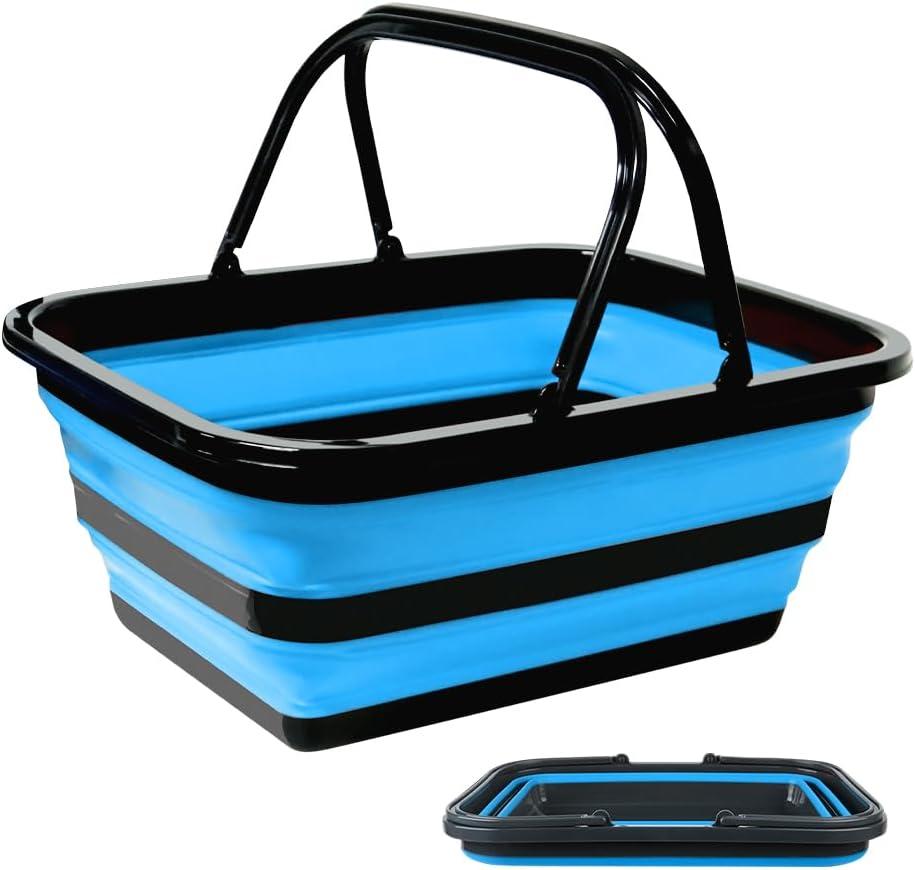 Monozuki Collapsible Sink 4.8Gal/18.1L Eco-Recycled Material Picnic Basket with Handle Bucket for Cleaning Camping Essentials Space Saving Outdoor Portable Bucket for Camping (Blue)