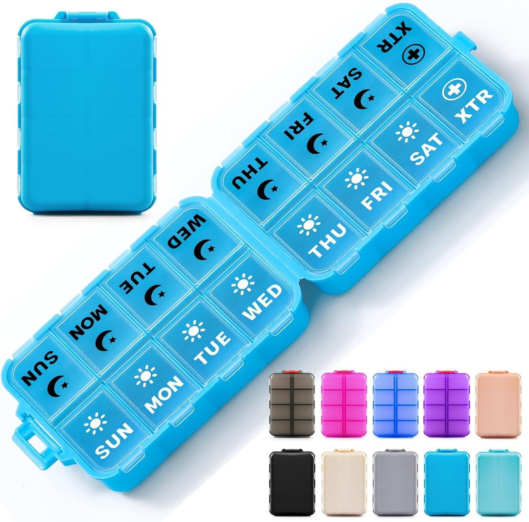 Foldable Weekly Pill Organizer 2 Times a Day with 2 Extra Compartments (Clear Printed Labels) - Portable 7 Day AM PM Medicine Box, Week Daily Travel Pill Case Holder for Vitamin, Supplement - Blue