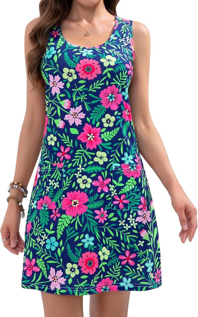 CAMSSOO Womens Summer Dresses 2025 Casual Sleeveless Beach Dress Loose Scoop Neck Boho Floral Sundresses with Pockets (Large, Blue Pink Floral)