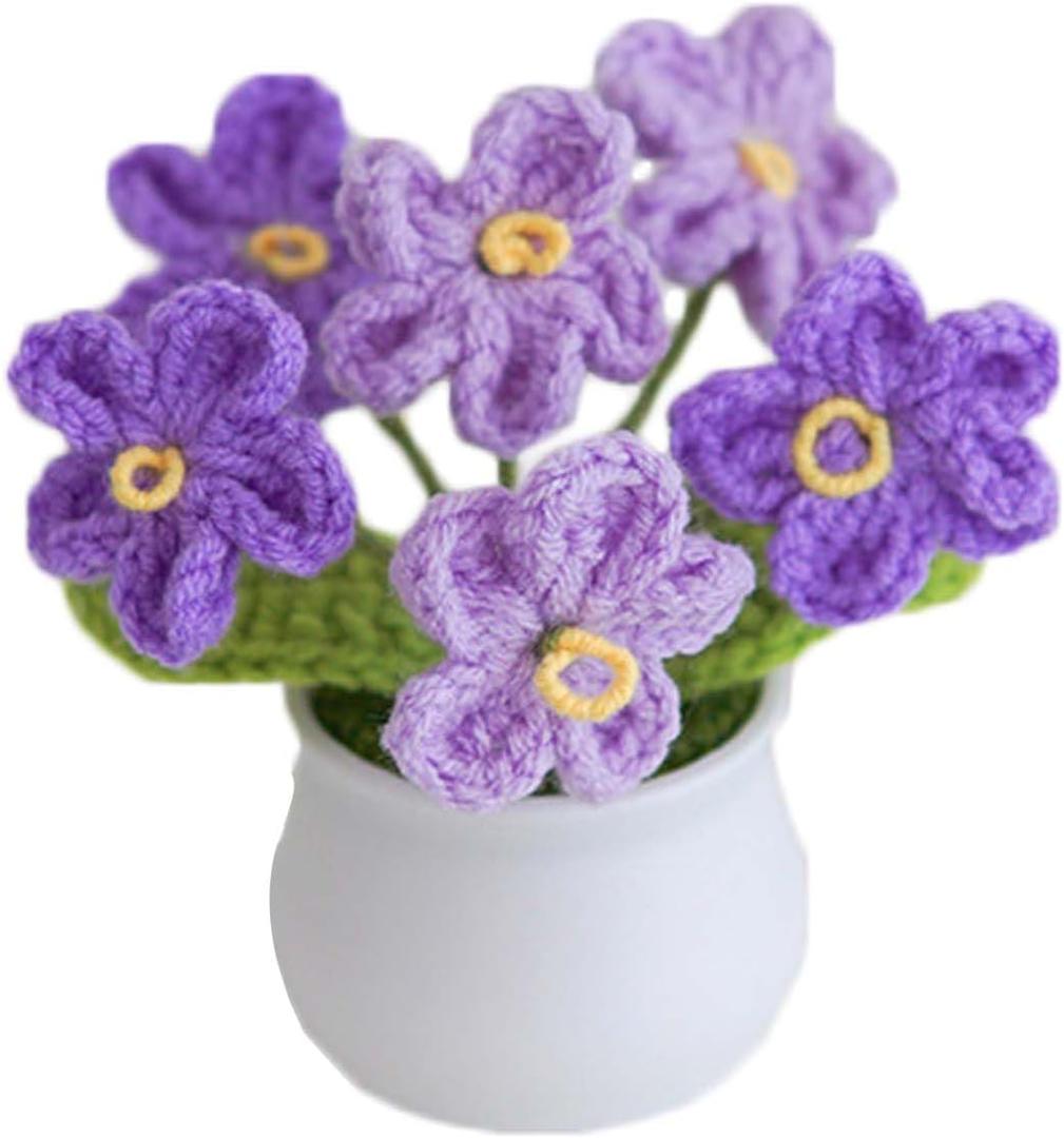 Blync Knitting Crochet Flowers Potted Plants, Fake Forget Me Not Flowers for Friends, Family and Lover, Artificial Handmade Flowers for Valentines Birthday Wedding Gift and Home Decor (Gpurple)