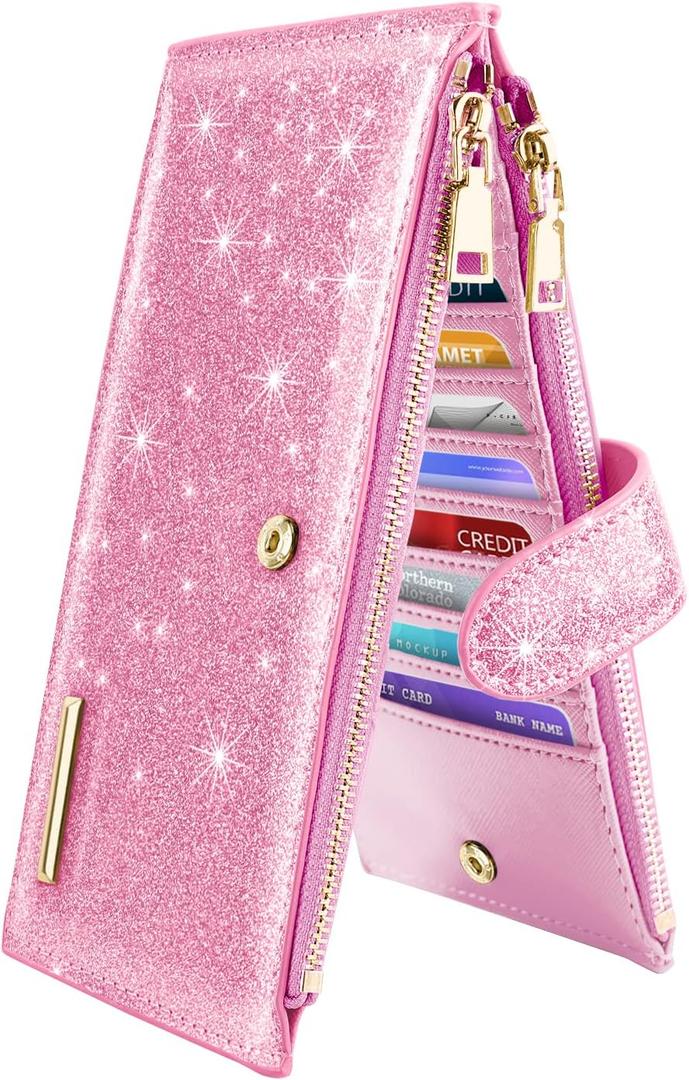 Coco Rossi Womens RFID Blocking Glitter Leather Multi Card Organizer Bifold Black Wallet with Zipper Pocket, Pink Glitter