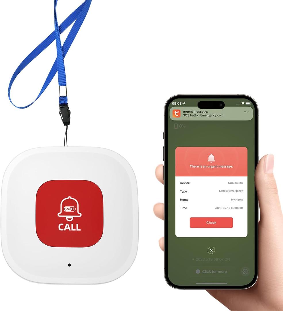 WiFi Caregiver Call Button for Elderly at Home w App Notification, Elderly Monitoring, Caregiver Pager, Life Alert Systems for Seniors No Monthly Fee,Compatible with Tuya Smart/Smart Life APP (1)