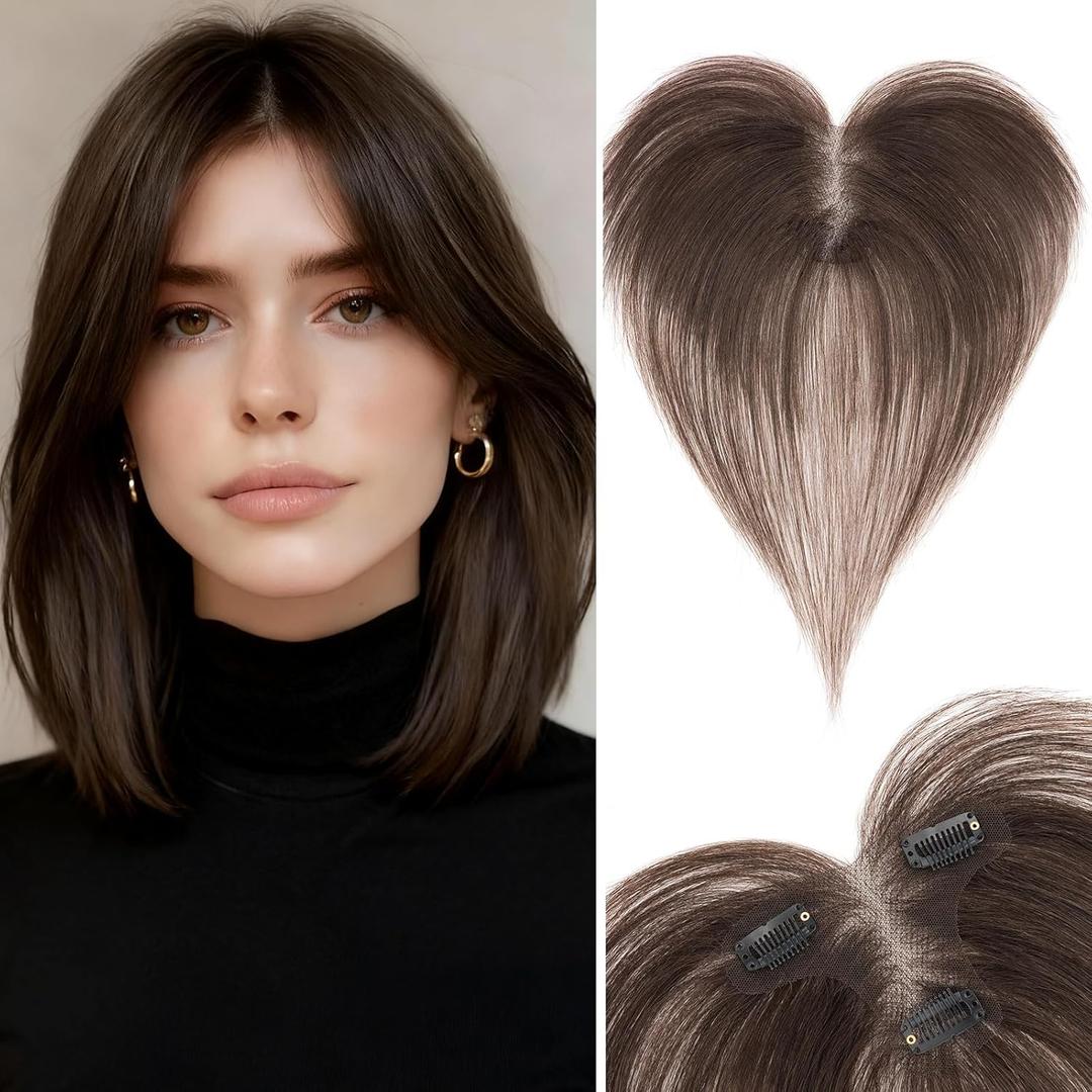 Human Hair Toppers for Women Real Human Hair with Side Bangs Thin Light Weight T-Shape Lace Base Clip in Hairpieces 11 Inch Dark Brown