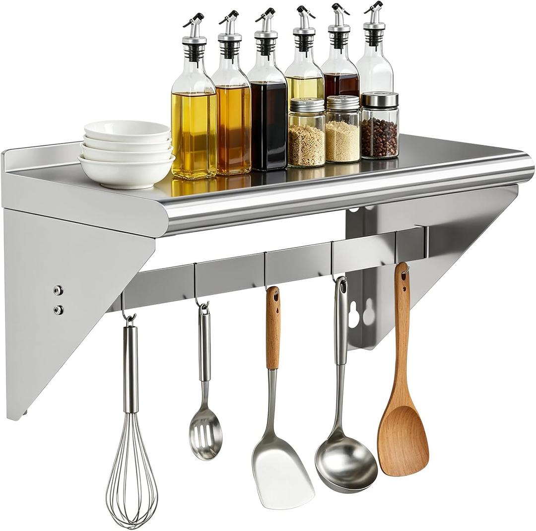 Commercial Stainless Steel Shelf with 5 Hooks 12" x 24", Wall Mounted Food Service Storage Rack Shelves, Heavy Duty 250 lb Metal Shelf for Kitchen, Restaurant, Food Truck, Garage, Laundry Room