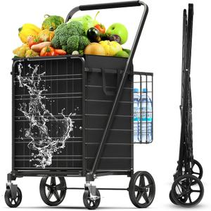 5.0 Cu Ft Folding Shopping Cart - 480 LB Capacity Grocery Cart with 360 Braked Swivel Wheels - Heavy Duty Utility Cart with Double Basket & Removable Waterproof Liner with Lid for Laundry