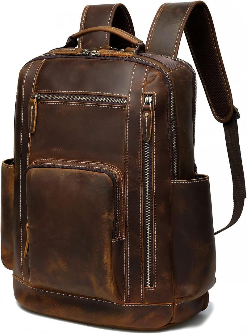LANNSYNE Men's Vintage Full Grain Leather Backpack for 16" Laptop Travel Hiking Camping Rucksack, Large