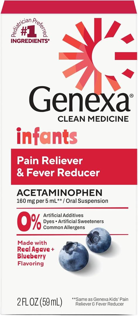 Genexa Infants' Clean Acetaminophen | Pediatrician Preferred Ingredients | Pain Reliever & Fever Reducer for Babies | Dye Free, 0% Artificial Additives | Delicious Organic Blueberry Flavor, 2 fl oz (1 Pack)