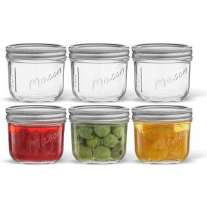 JoyJolt 8 Oz Mason Jars With Lids, Labels and Measures! 6-Pack Wide Mouth Mason Jars, Glass Jar with Lid and Band. Airtight Canning Jars, Overnight Oats Jars, Salad Jars, Sourdough Starter Jar