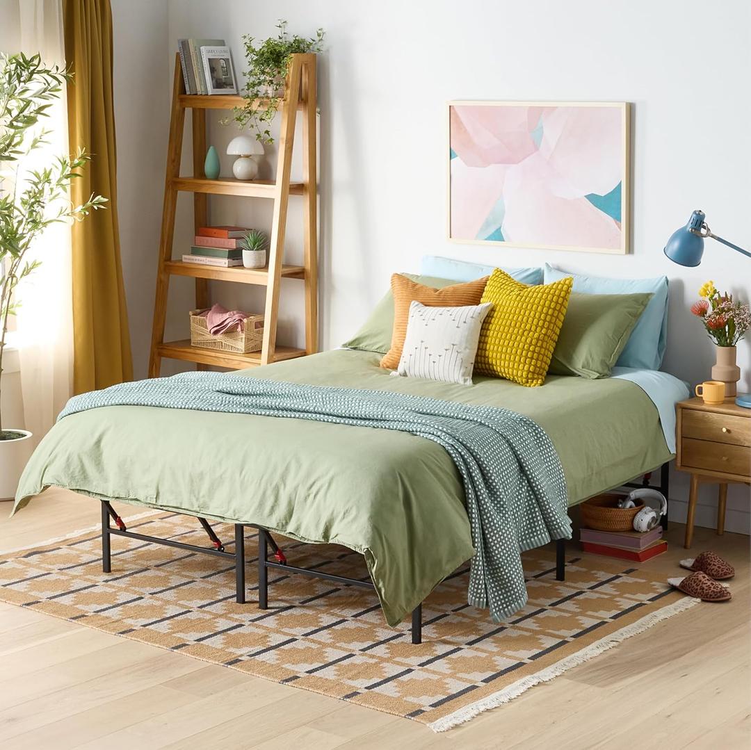 Amazon Basics Bed Frame with Storage, Foldable Metal Platform, Sturdy Steel, No Box Spring Needed, 14-inch High, Tool-Free Setup, Noise Free, Easy Assembly, Queen Size, Black