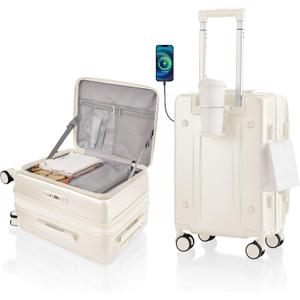Expandable 20Inch Carry On Luggage Airline Approved - Top Opening Hardside Travel Suitcase Unbreakable -with Cup Holder,USB Charge,Side Pothook, 360Spinner Wheels, TSA Lock-White