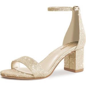PIZZ ANNU Women's Low Block Chunky Heels Sandals Comfortable Open Toe Ankle Strap Party Dress Pump Shoes Strappy Buckle Heeled Sandal with 2 Inches Tall Thick Heel Design (8.5, Gold Glitter)