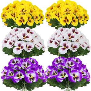 ASTRYAS 12 Bundles Artificial Fake Pansy Flowers for Outdoor, Faux UV Resistant Silk Pansies Flowers for Outside Planter Front Door Porch Yard Patio Window Box Home Decor (White/Purple/Yellow)