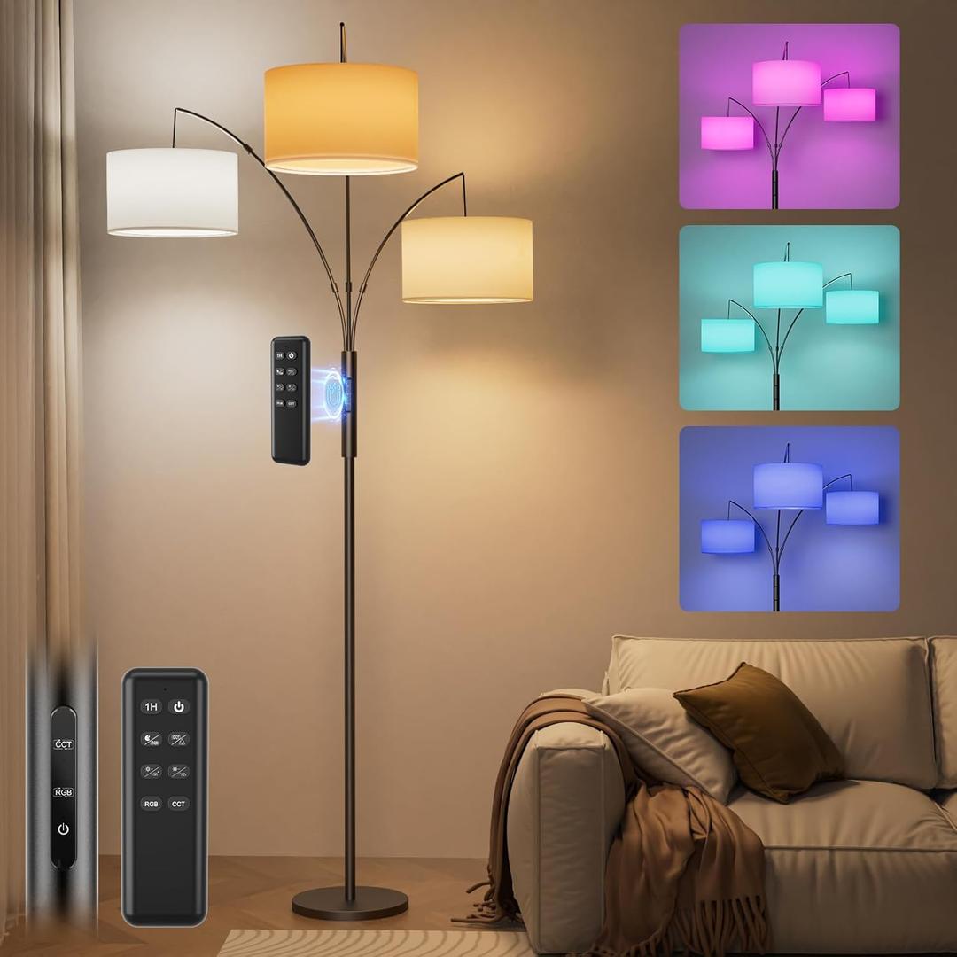 SIBRILLE 36W RGB Arc Floor Lamp with 3 White Fabric Shades, 3000LM Super Bright Standing Lamp with Remote Control & Touch, Stepless Dimming, Individual Light Control for Living Room, Bedroom