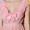 OYOANGLE Women's Sheer Lace Ruffle Chemise Nightgowns Babydoll Lingerie Set V Neck Mesh Sleepwear (Pink, L)