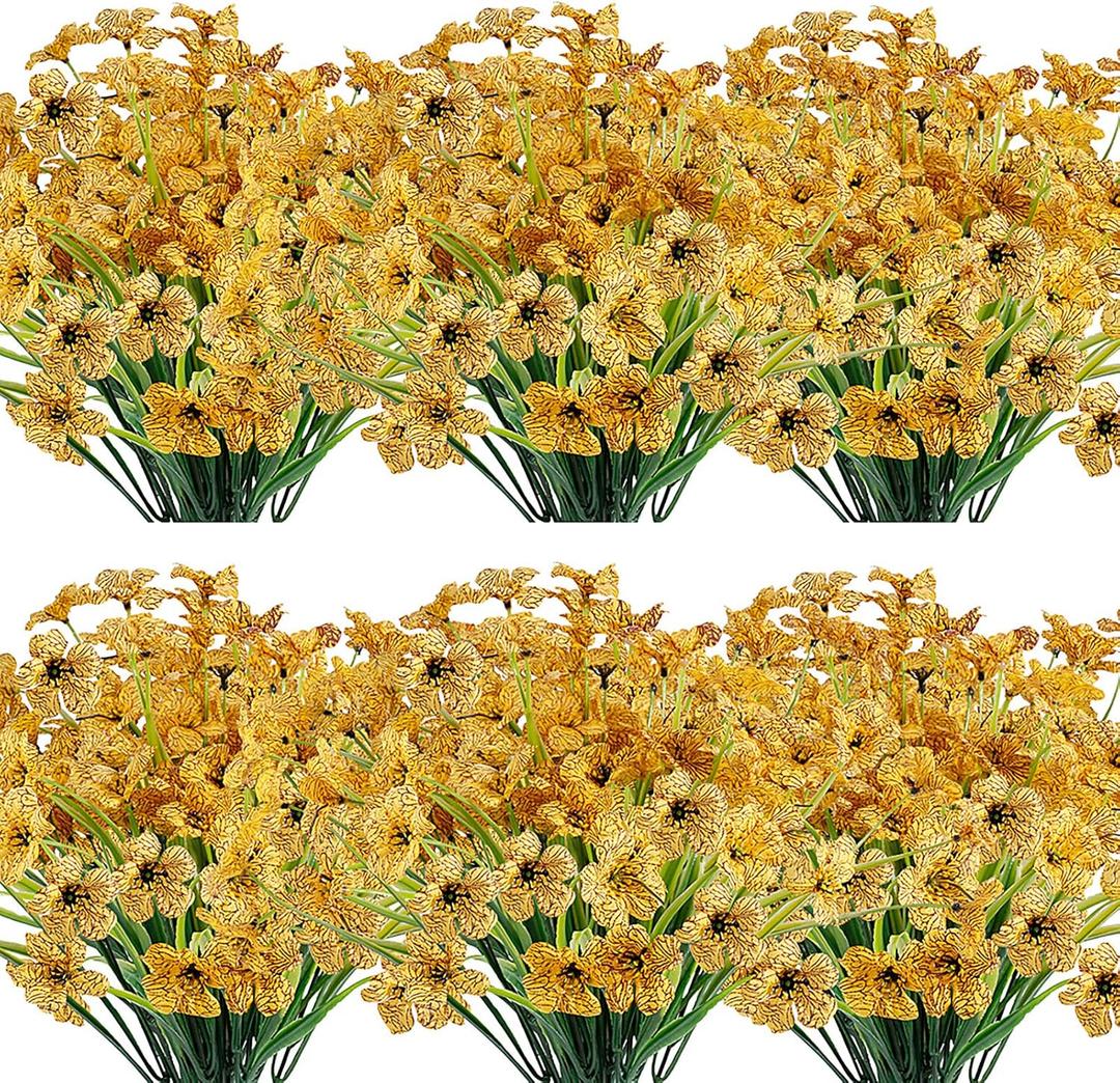20 Bundles Artificial Flowers Outdoor UV Resistant Fake Flowers No Fade Faux Plastic Plants Garden Porch Window Box Decorating (Yellow) (20Bundles, Yellow)