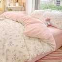 Nayoroom Pink Floral Duvet Cover Queen Size Green Botanical Leaf Printed on White Reversible Coquette Bedding Set 3 Pcs Soft Microfiber Spring Cottagecore Comforter Cover with Zipper Closure