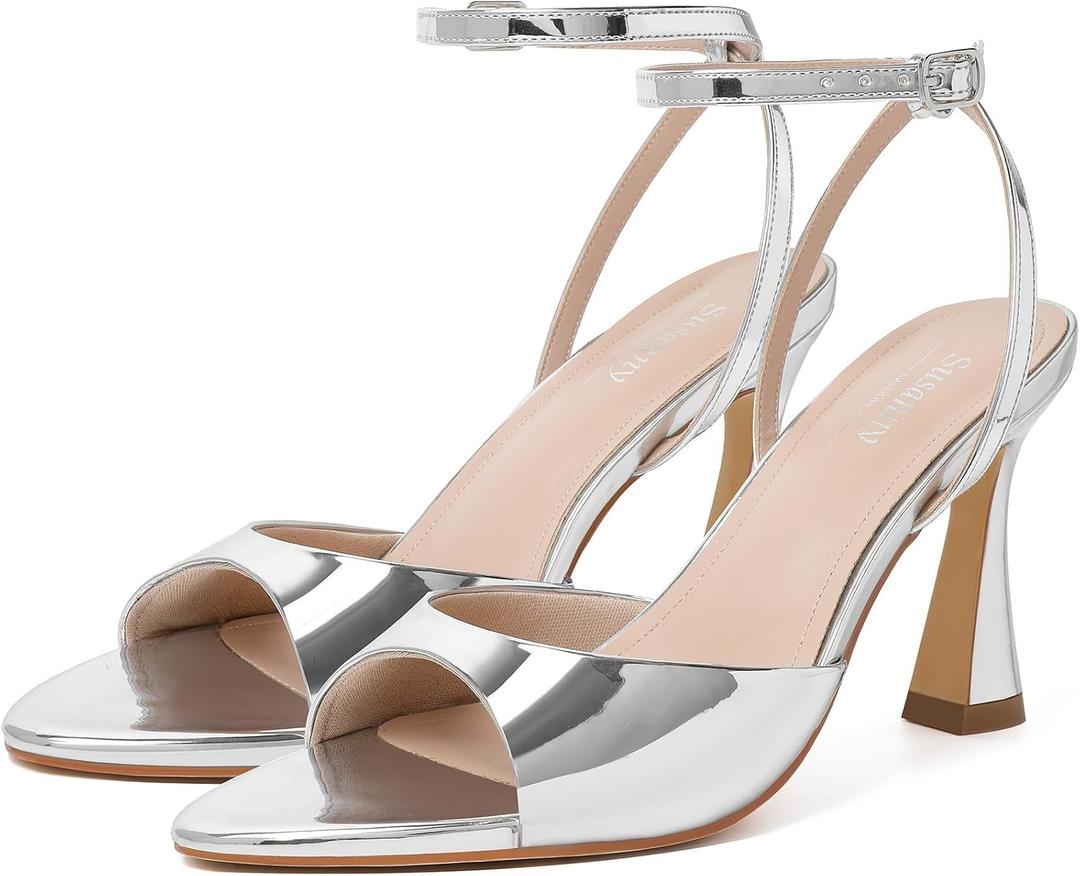 Susanny High Heels for Women Pointed Open Toe Strappy Chunky Block Heels Ankle Strap Stiletto Kitten Heeled Sandals Wedding Bridal Party Prom Sexy Dress Shoes (Gray, 8)