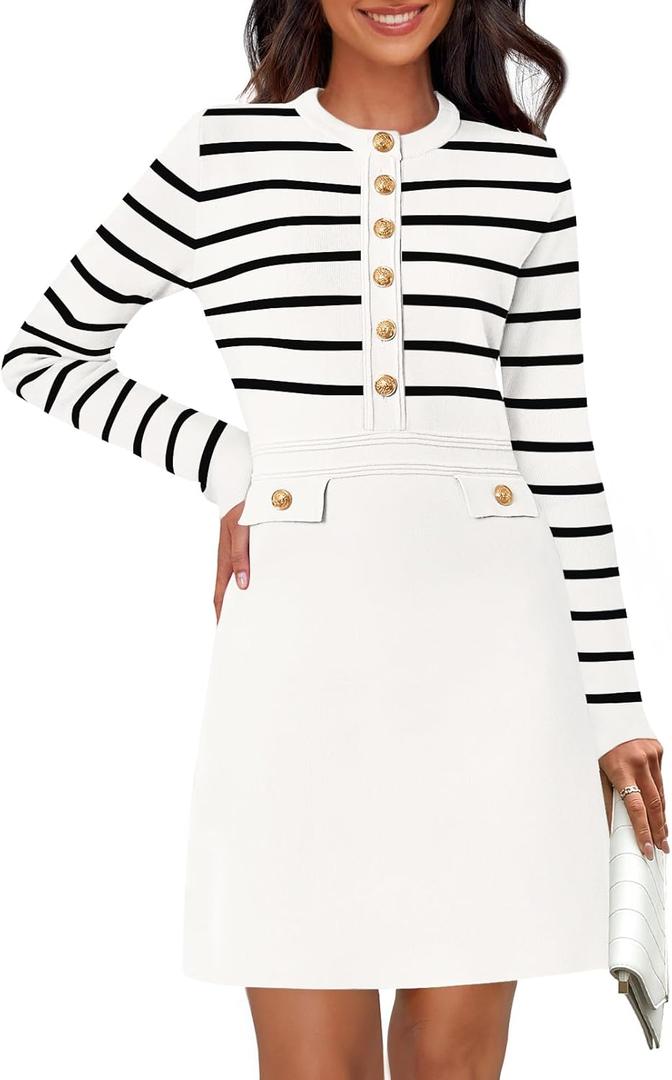 MEROKEETY Women's Long Sleeve Striped Sweater Dress Button Crewneck Fall Bodycon Formal Mini Dresses (White, XL)
