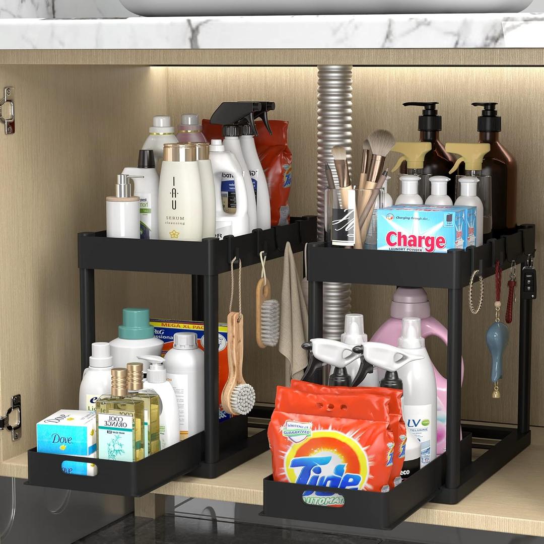 2PC Under Sink Organizer Rack 2 Tier Under Sliding Cabinet Basket Organizer Drawer with 4 Hooks, Multi-purpose Under Sink Storage for Bathroom Kitchen DesktopBlack (Black 2PC)