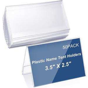 Vicenpal 50 Pieces Clear Plastic Name Tent Holders 3.5'' X 2.5'' Acrylic Name Plate for Desk PVC Table Tent Card Holder Desk Sign Frame for Office Table Business Conference School Meeting Room