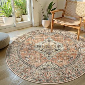 Lahome Oriental Washable Round Area Rug, Non-Slip Round Rugs 6ft Ultra-Thin, Soft Large Throw Circle Carpet for Living Room Bedroom Kitchen Nursery Eleanor, Peach/Orange