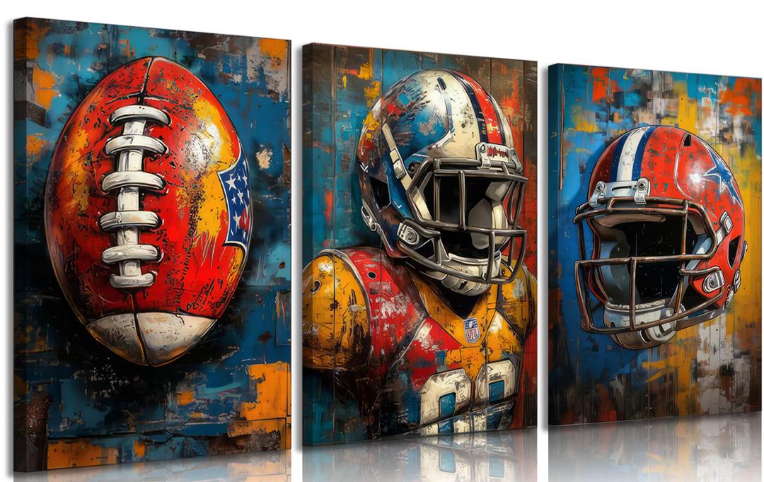 3pcs American Football Canvas Wall Art Cool Graffiti Rugby Wall Decor Pictures Teen Sports Enthusiasts Posters Prints Paintings for Boys Room Teen Kids Playroom Room Decoration Prepare To Hang 16"L x 12"W-Posters