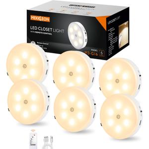 Puck Lights with Remote Control,1000mAh rechargeable under cabinet lighting,LED Closet Lights,3Pack Tap Light,Cordless Stick On Lights for Under Cabinet,Hallway, Stairway,Closet (Warm White-6PCS)