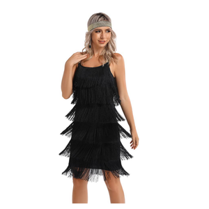 Women's Great Gatsby Flapper Spaghetti Tassel Dress with Headband, 20s Elegant Mini Dress Party Accessory COSTUME OUTFIT (L, Black)