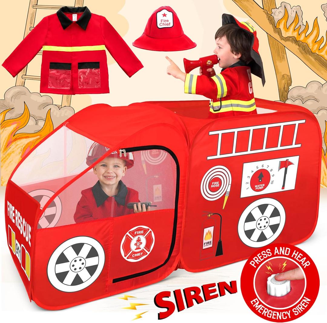 W&O Fire Truck Play Tent with Siren Button, Firefighter Hat, Jacket & Hose  Ultimate Firefighter Pop-Up Tent for Toddlers & Kids