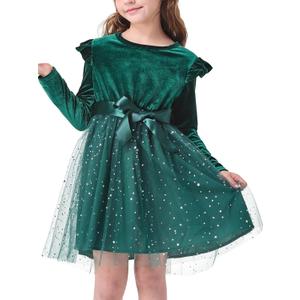 Toddler Girl Tutu Dress Long Sleeve Star Sequin Bowknot Velvet Party Tulle Dresses Princess Birthday (5-6 Years, Dark Green)