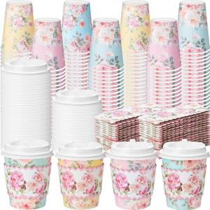 Jingmore 100 Pcs Floral Paper Coffee Cups with Lids and Sleeves Colorful Flower Design Disposable Coffee Cups for Tea Party Wedding Reception Baby Shower Supplies (8 oz)
