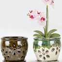 vensovo 4 Inch Ceramic Orchid Pots with Drainage Holes and Saucers, 2 Pcs Small Planters for Orchids Succulents, Indoor Outdoor Ceramic Flower Pots for Healthy Root Growth (Olive Green, Green Mixed)