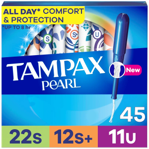 Tampax Pearl Tampons for Women, with LeakGuard Braid, Ultra Absorbency, Unscented, 45 Count