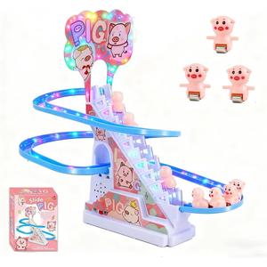 Pink Pig Climbing Toy Set Electric Light Slide Climbing Toys for Automatic Stairs,Playful Santa Race Game Christmas Roller Climbing Toys with LED Light and Music for Toddlers Boys Girls