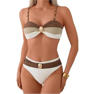 SweatyRocks Women's Bikini Sets Patchwork Metal Beaded Decor High Waisted Bathing Suits (L)