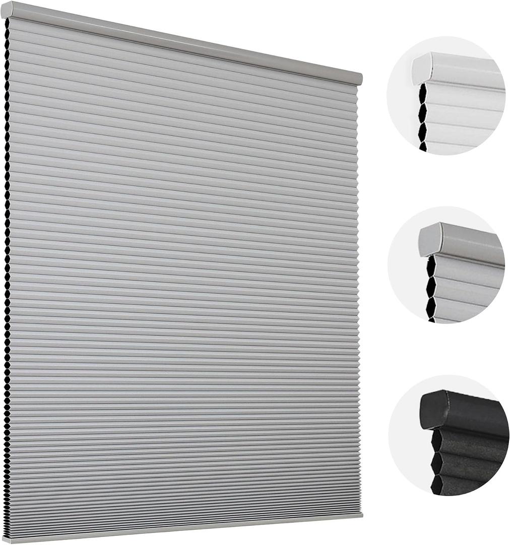 Joydeco Cordless Cellular Shades, 34 Inch Wide Blackout Honeycomb Blinds for Windows, Grey Blinds for Privacy, Thermal Insulation & Noise Reduction