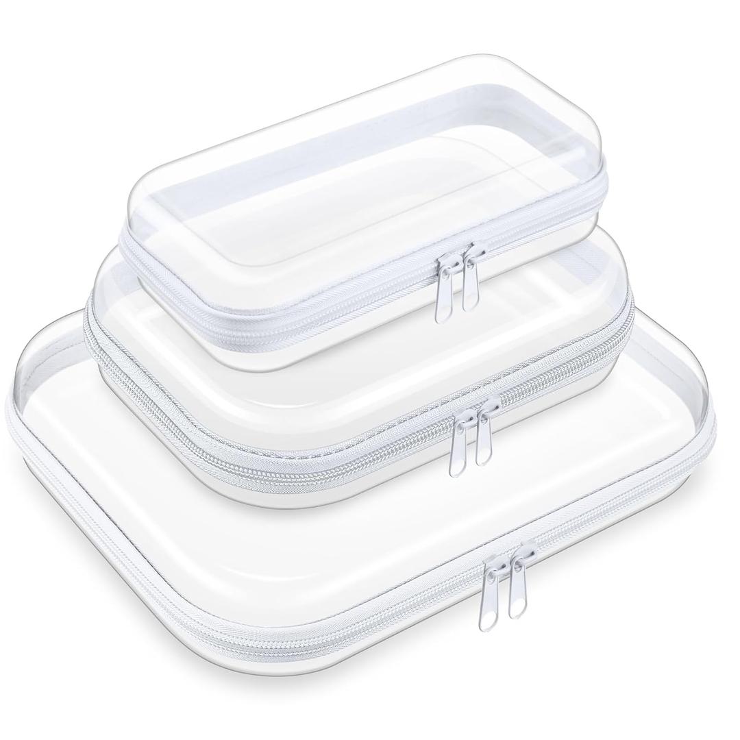 Hoolerry 3 Pcs Clear Hard Zipper Case Hard Plastic Zipper Pouch Makeup Bag Portable Travel Organizer for Cosmetics, Office Supplies, Documents & Toiletries(White,S, S/m, M)