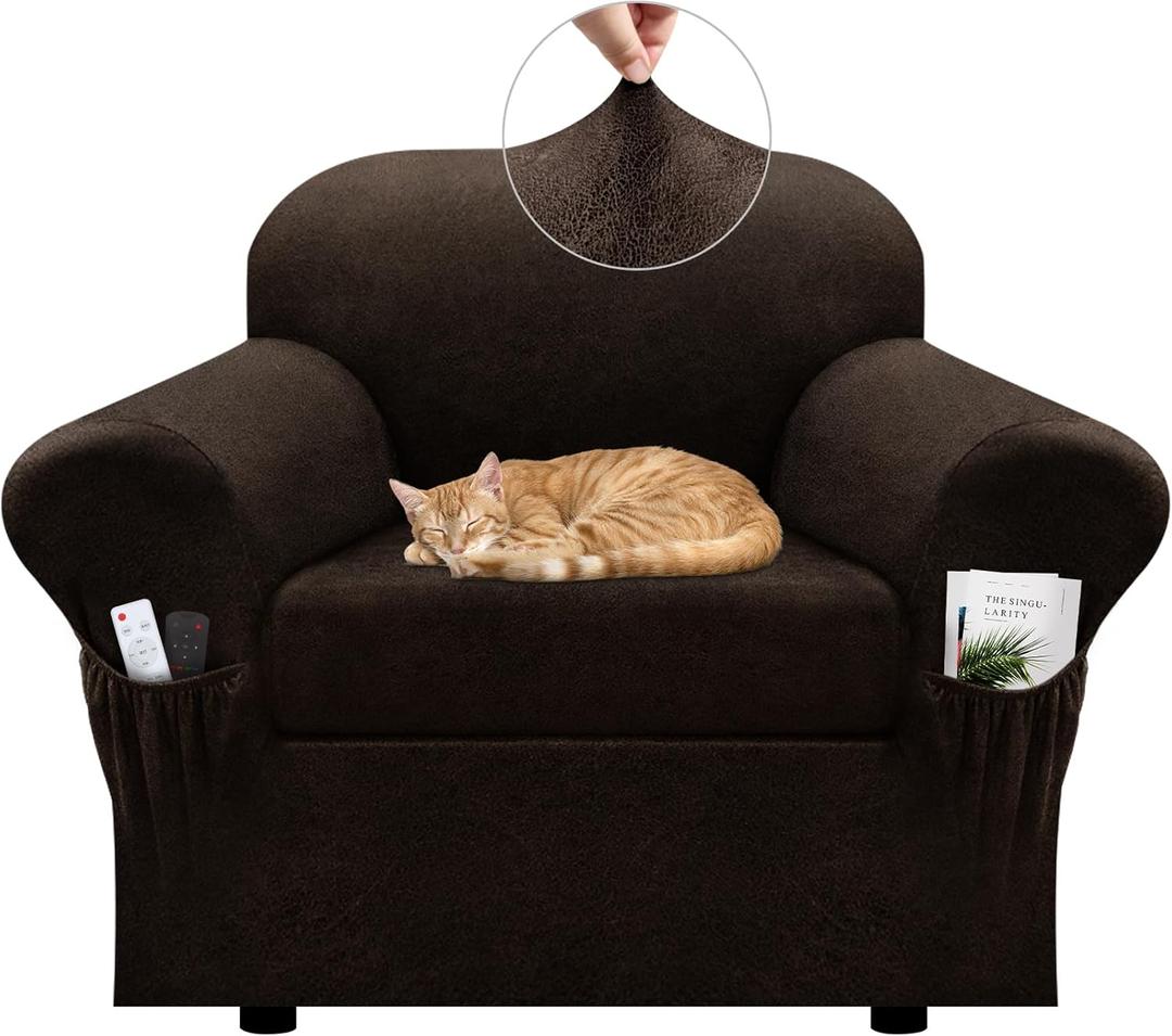 Chair Slipcover with Armrest Pockets 2-Piece Set, Stretch Faux Leather Chair Cover for Armchairs(Fits 31-45") - Non-Slip, Machine Washable, Pet & Kid Friendly - Dark Brown